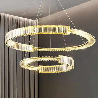 Lampadario LED a sospensione in cristallo PRISM REGAL 81W, 2 Cerchi, Luce Fredda/Calda/Neutra, Dimmerabile, Oro, Regolabile in Altezza