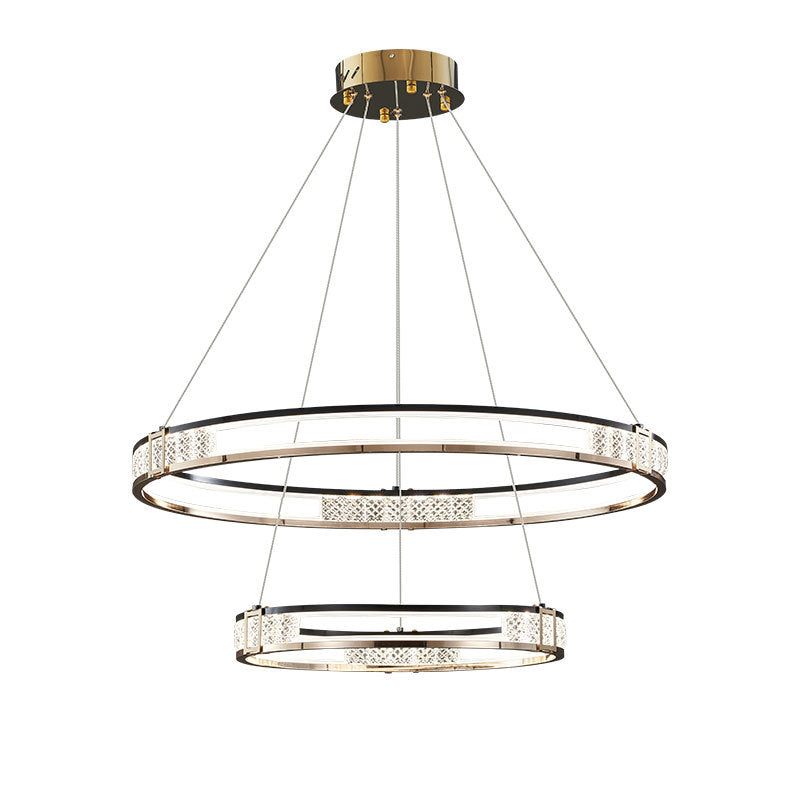 Lampadario a sospensione LED con telecomando e cristallo ROGER 100W, 2 Cerchi, Luce Fredda/Calda/Neutra, Dimmerabile, Oro Lucido, Lampadari LED in Cristallo Regolabili in Altezza Titolo predefinito Alessandro Design