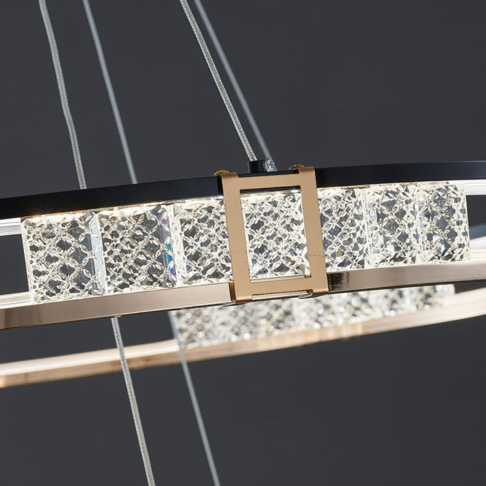 Lampadario a sospensione LED con telecomando e cristallo ROGER 100W, 2 Cerchi, Luce Fredda/Calda/Neutra, Dimmerabile, Oro Lucido, Lampadari LED in Cristallo Regolabili in Altezza Titolo predefinito Alessandro Design