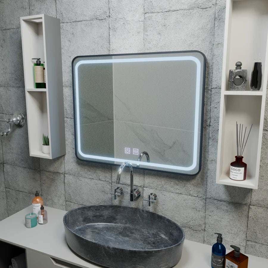 Specchio rettangolare a LED 90x75 cm EDGE Touch Demister System, specchi con cornice nera Korman E Titolo predefinito Alessandro Design
