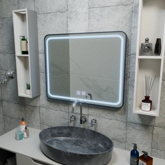 Specchio rettangolare a LED 90x75 cm EDGE Touch Demister System, specchi con cornice nera Korman E Titolo predefinito Alessandro Design