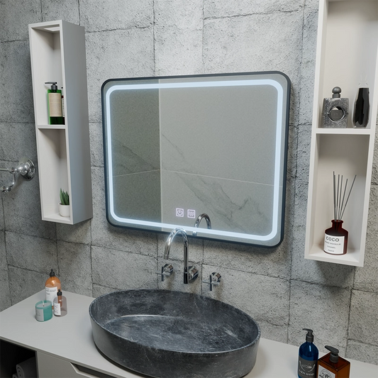 Oglinda LED Rectangulara 80x60cm – EDGE Touch Sistem Dezaburire, Rama Neagra