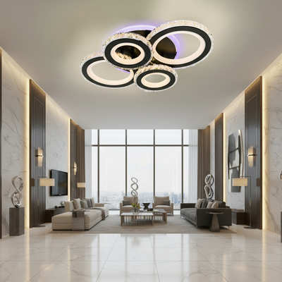 Lustra LED cu telecomanda si cristal NOVA ROTONDA RGB 82W, 4 Cercuri, lumina Rece/Calda/Neutra, Dimabila, Negru