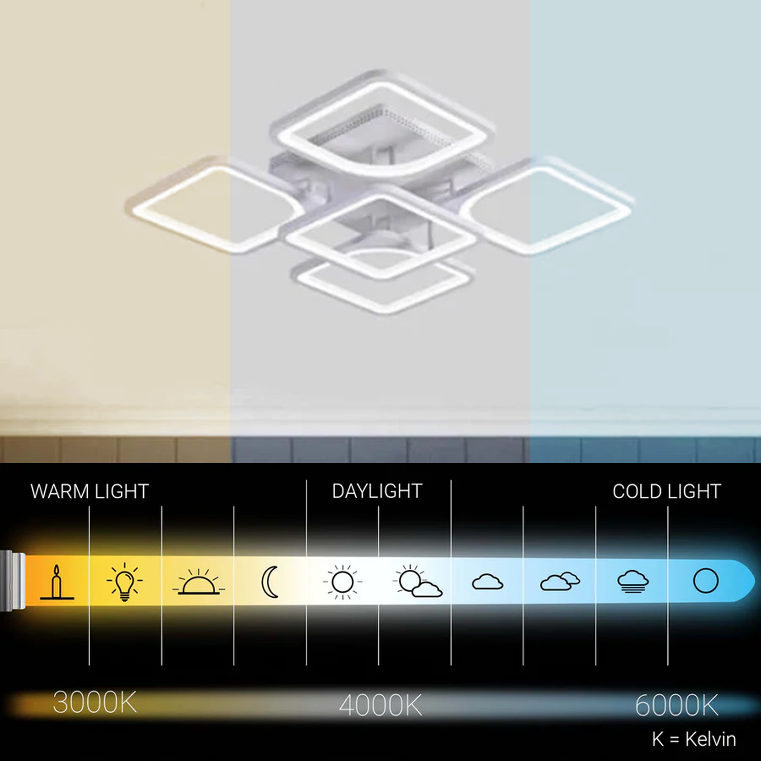 Lampadario a LED con telecomando ZOE 70W, 5 Quadrati, Luce Fredda/Calda/Neutra, Dimmerabile, Lampadario a LED Bianco con telecomando Titolo predefinito Alessandro Design