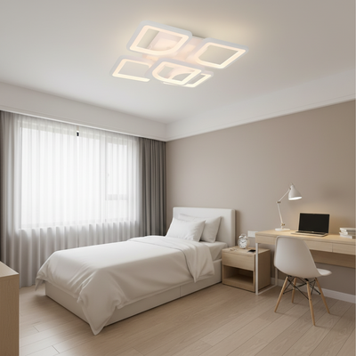 Lampadario LED con telecomando ZOE 70W, 5 Quadrati, Luce Fredda/Calda/Neutra, Dimmerabile, Bianco