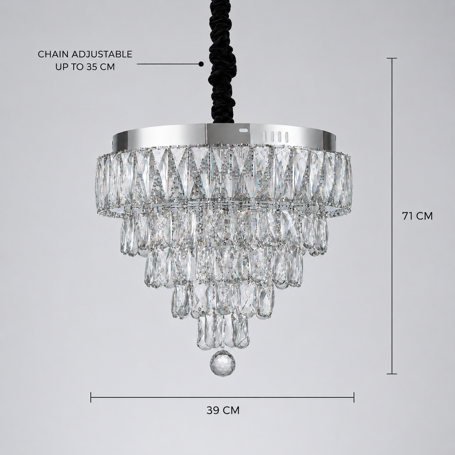Lustra LED Cristal RIGO cu telecomanda Nobile Diametru 39cm, Crom Lucios, Inaltime Reglabila, Metal si Cristal