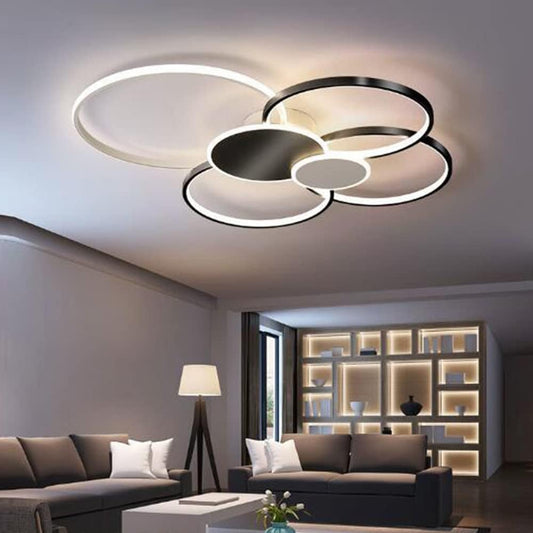 Lampadario LED con Telecomando, KILLIAN, 74W, 6 Cerchi, Luce Fredda/Calda/Neutra 3000K/4000K/6000K, Dimmerabile, Bianco e Nero, Lampadari LED in Metallo e Acrilico con Telecomando Titolo predefinito Alessandro Design