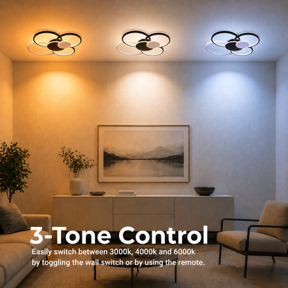 Lampadario LED con Telecomando, KILLIAN, 74W, 6 Cerchi, Luce Fredda/Calda/Neutra 3000K/4000K/6000K, Dimmerabile, Bianco e Nero, Metallo e Acrilico