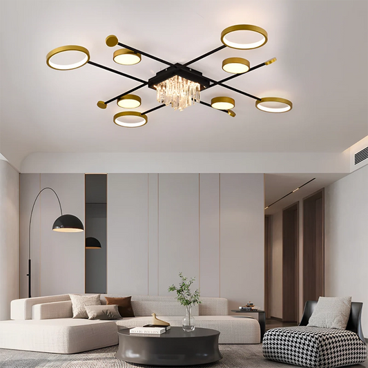 Lampadario LED con telecomando e cristallo GUIDA 46W, 8 Elementi, Luce Fredda/Calda/Neutra, Dimmerabile, Nero Oro