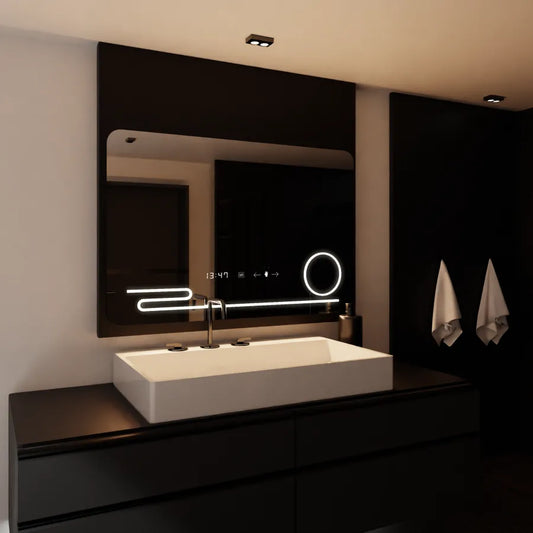 Specchio rettangolare a LED, 120x80 cm, Harmonie MotionGlow Marcello, sistema antiappannamento, orologio e termometro, lente d'ingrandimento cosmetica, specchi dimmerabili Marcello Titolo predefinito Alessandro Design