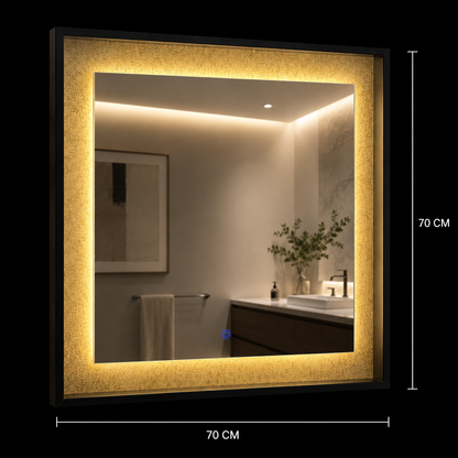 Oglinda LED NUK, 70x70cm, 12W, Negru, Senzor, Lumina 3000K, 4000K, 6000K, Sistem Dezaburire, Metal, Functii Ceas si Temperatura