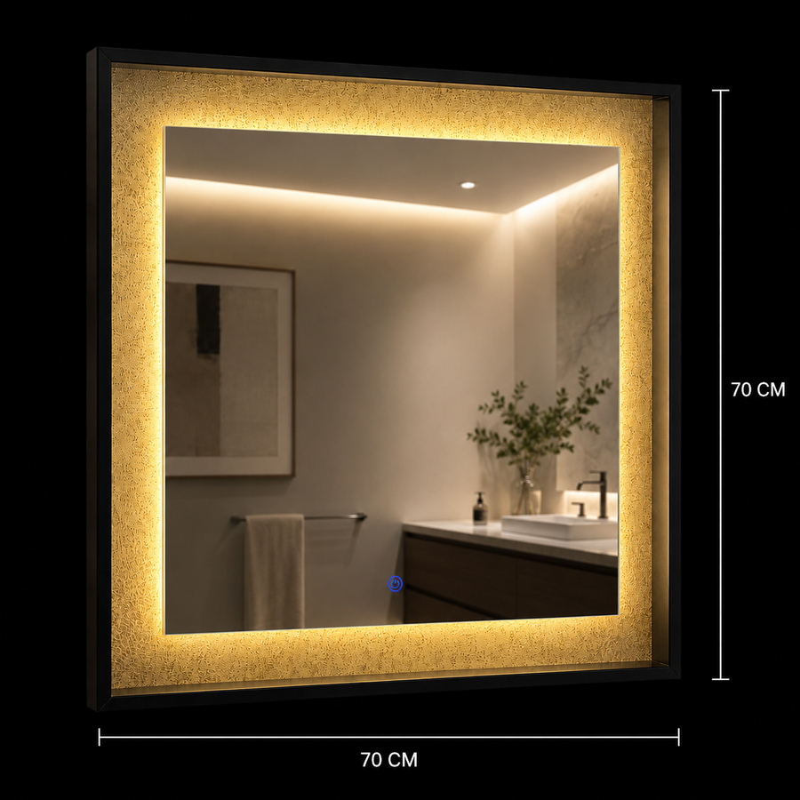 Oglinda LED NUK, 70x70cm, 12W, Negru, Senzor, Lumina 3000K, 4000K, 6000K, Sistem Dezaburire, Metal, Functii Ceas si Temperatura