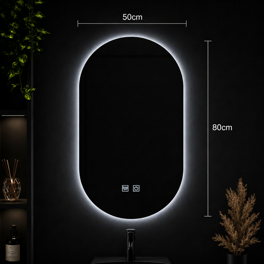 Specchio ovale a LED, 50X80 cm, E14S/50X80, Touch, sistema antiappannamento