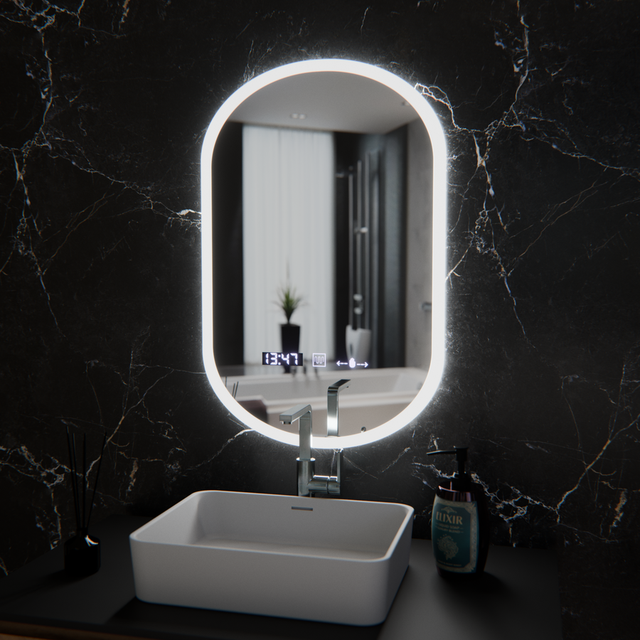 Specchio ovale a LED, 50x80 cm, sensore Lucia Marcello, sistema antiappannamento, orologio e termometro, Dimabila Marcello Mirrors Titolo predefinito Alessandro Design