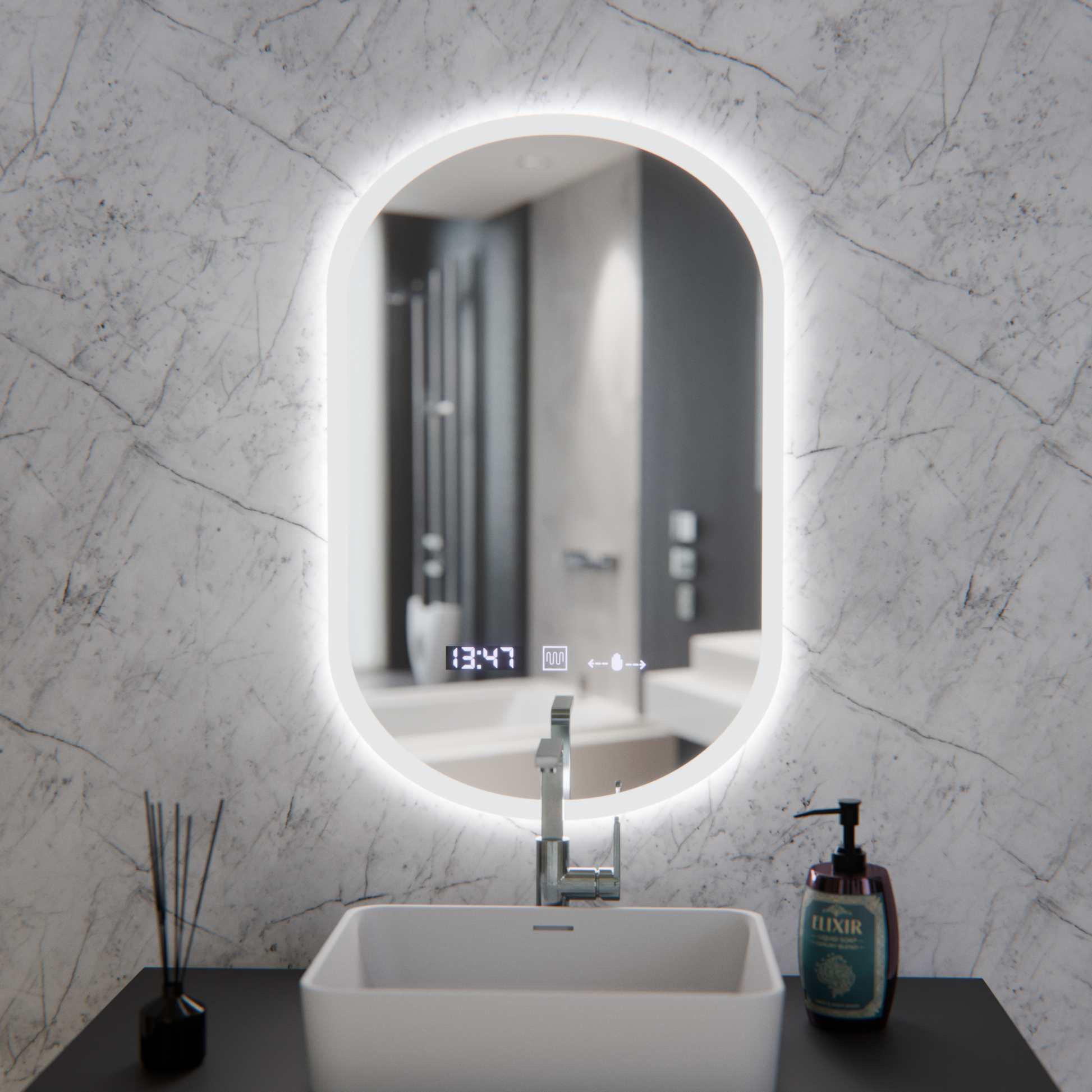 Specchio ovale a LED, 50x80 cm, sensore Lucia Marcello, sistema antiappannamento, orologio e termometro, Dimabila Marcello Mirrors Titolo predefinito Alessandro Design
