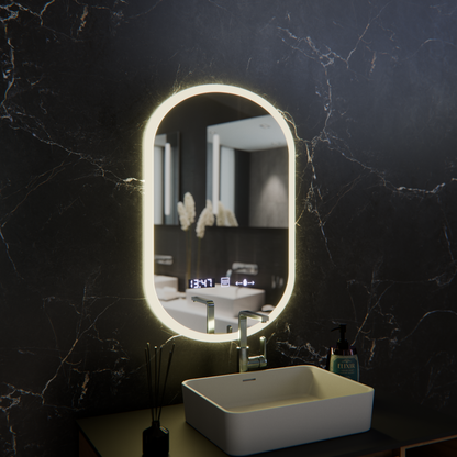 Specchio ovale a LED, 50x80 cm, sensore Lucia Marcello, sistema antiappannamento, orologio e termometro, Dimabila Marcello Mirrors Titolo predefinito Alessandro Design