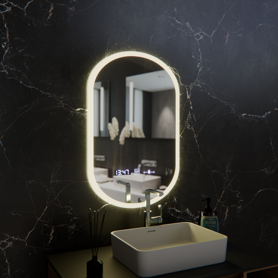 Specchio ovale a LED, 50x80 cm, sensore Lucia Marcello, sistema antiappannamento, orologio e termometro, Dimabila Marcello Mirrors Titolo predefinito Alessandro Design