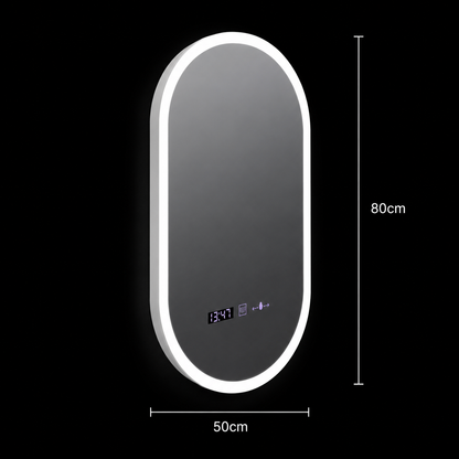 Specchio ovale LED, 50x80cm, Lucia Sensor Marcello, Luce Calda/Neutra/Fredda, Sistema Demister, Orologio e Termometro, Dimmerabile