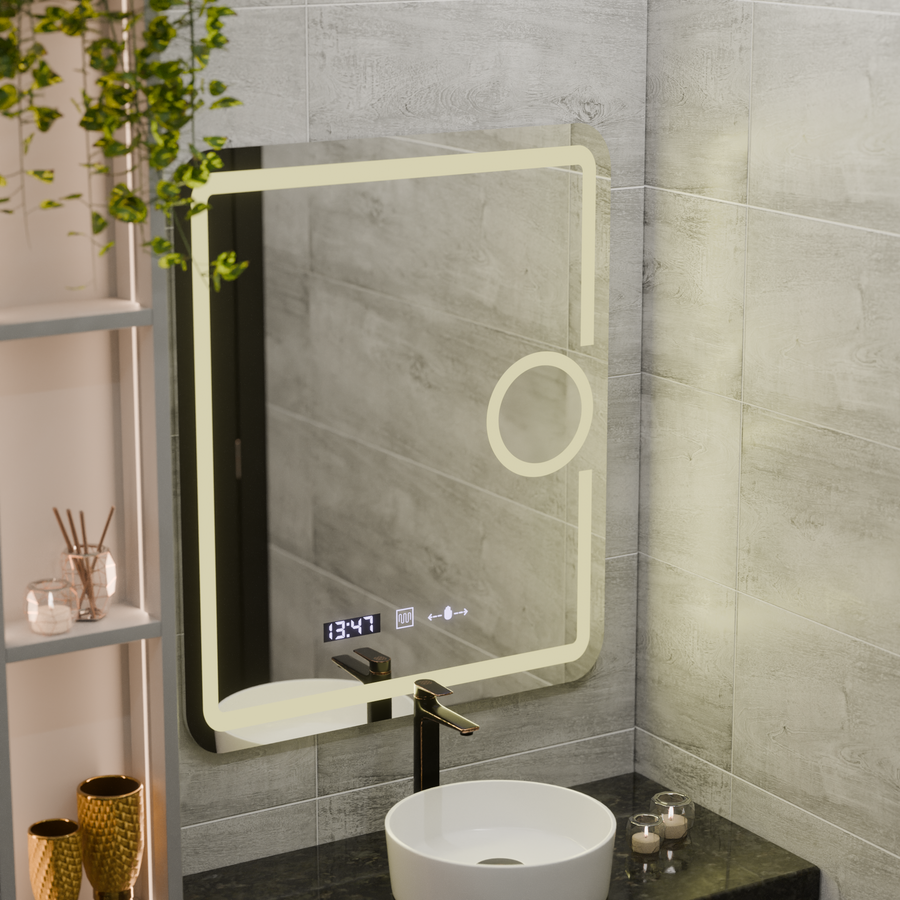 Specchio rettangolare a LED, 75x90 cm, Eclat MotionGlow Marcello, sistema antiappannante, orologio e termometro, lente d'ingrandimento cosmetica, specchi dimmerabili Marcello Titolo predefinito Alessandro Design