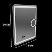 Specchio LED rettangolare, 75x90 cm, Eclat MotionGlow Marcello, sistema antiappannamento, orologio e termometro, lente d'ingrandimento cosmetica, dimmerabile