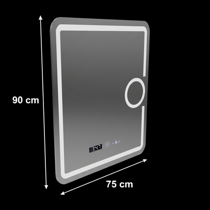 Specchio LED rettangolare, 75x90 cm, Eclat MotionGlow Marcello, sistema antiappannamento, orologio e termometro, lente d'ingrandimento cosmetica, dimmerabile