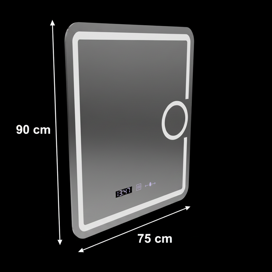 Specchio LED rettangolare, 75x90 cm, Eclat MotionGlow Marcello, sistema antiappannamento, orologio e termometro, lente d'ingrandimento cosmetica, dimmerabile