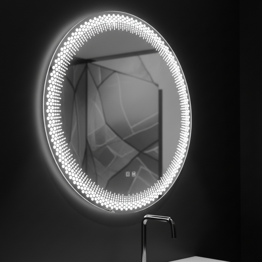 Oglinda LED Rotunda Nexos, 60cm, 24W, Lumina Calda/ Rece/ Neutra, Senzor, Sistem Dezaburire, Ceas, Dimabila