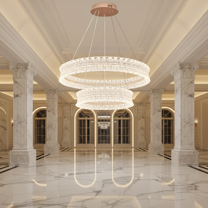 Lustra LED Cristal cu telecomanda, 118W, Lumina Calda/Neutra/Rece, Φ60 cm, Inaltime Reglabila, Metal si Cristal, Auriu
