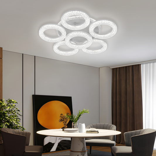 FREJA Lampadario LED con Telecomando, 51cm, 90W, 3000K/4000K/6000K, Dimmerabile, Bianco, Cristalli, 6 Cerchi Lampadari LED con Telecomando Titolo predefinito Alessandro Design