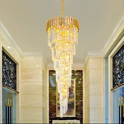 Lampadario Cristallo CC110/600x1800GD, 28xE14, Diametro 60cm, Altezza 180cm, Oro Lucido, Altezza Regolabile, Design Elegante