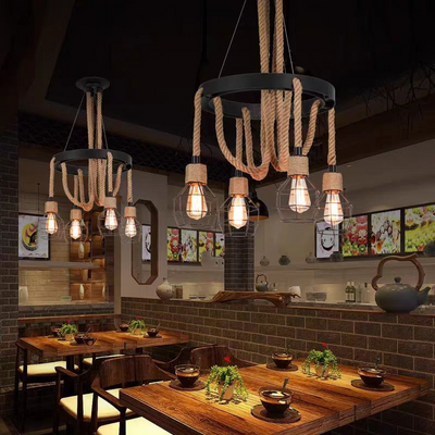 Lampadario Ruota LV580/4BK, 4xE27, Marrone, Metallo e Corda