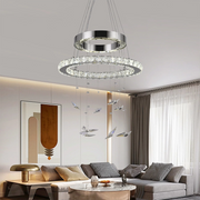 Lampadario LED a Sospensione con telecomando e cristallo 36W, 2 Cerchi, Luce Fredda/Calda/Neutra, Dimmerabile, Cromo Lucido, Altezza Regolabile