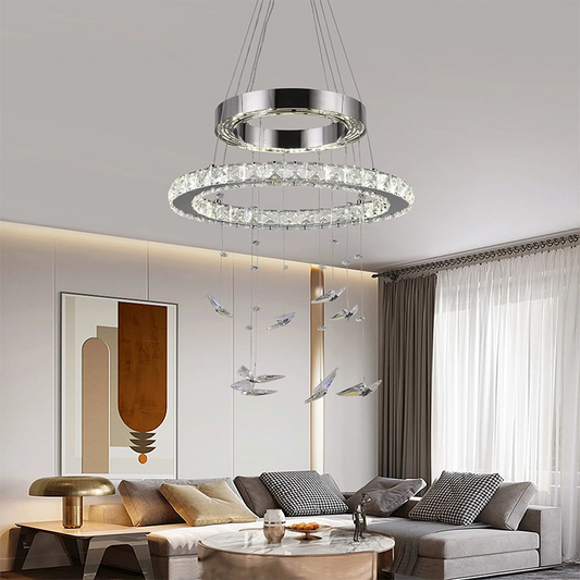 Lampadario LED a Sospensione con telecomando e cristallo 36W, 2 Cerchi, Luce Fredda/Calda/Neutra, Dimmerabile, Cromo Lucido, Altezza Regolabile