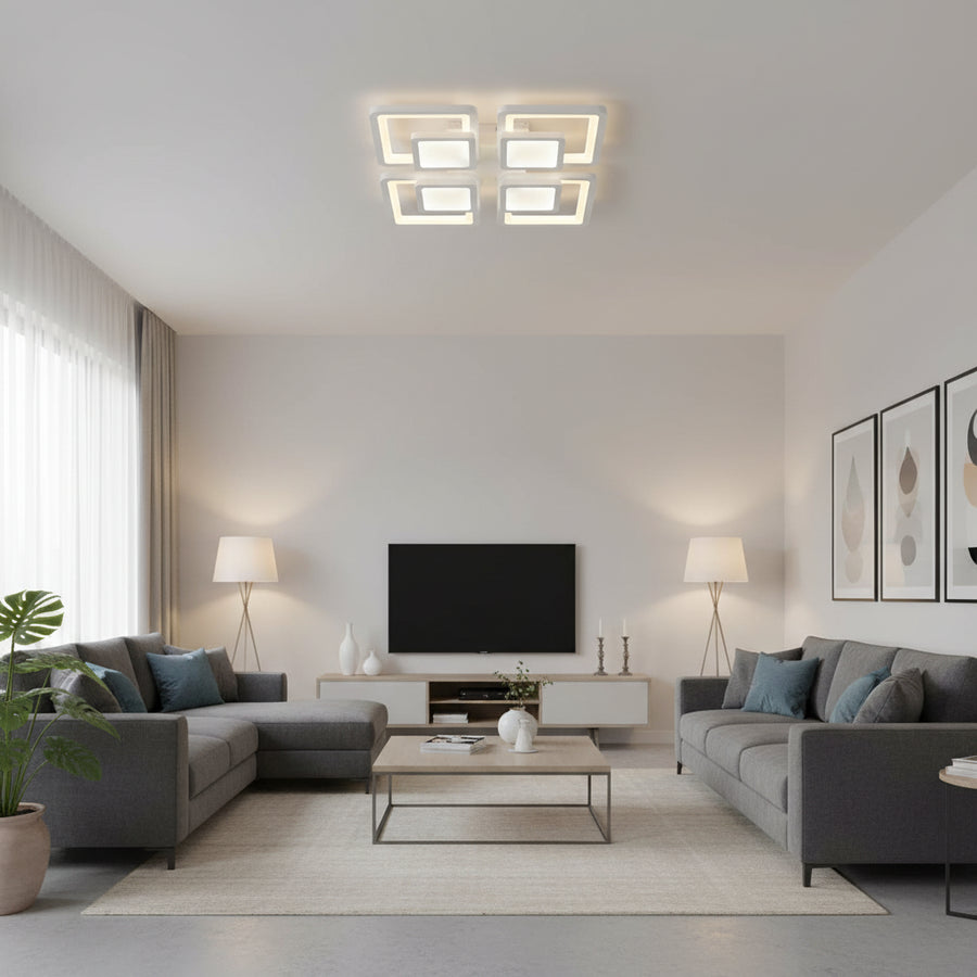 Lampadario a LED con telecomando SUSAN 96W, 4 Quadrati, Luce Fredda/Calda/Neutra, Dimmerabile, Lampadario a LED Bianco con telecomando Titolo predefinito Alessandro Design