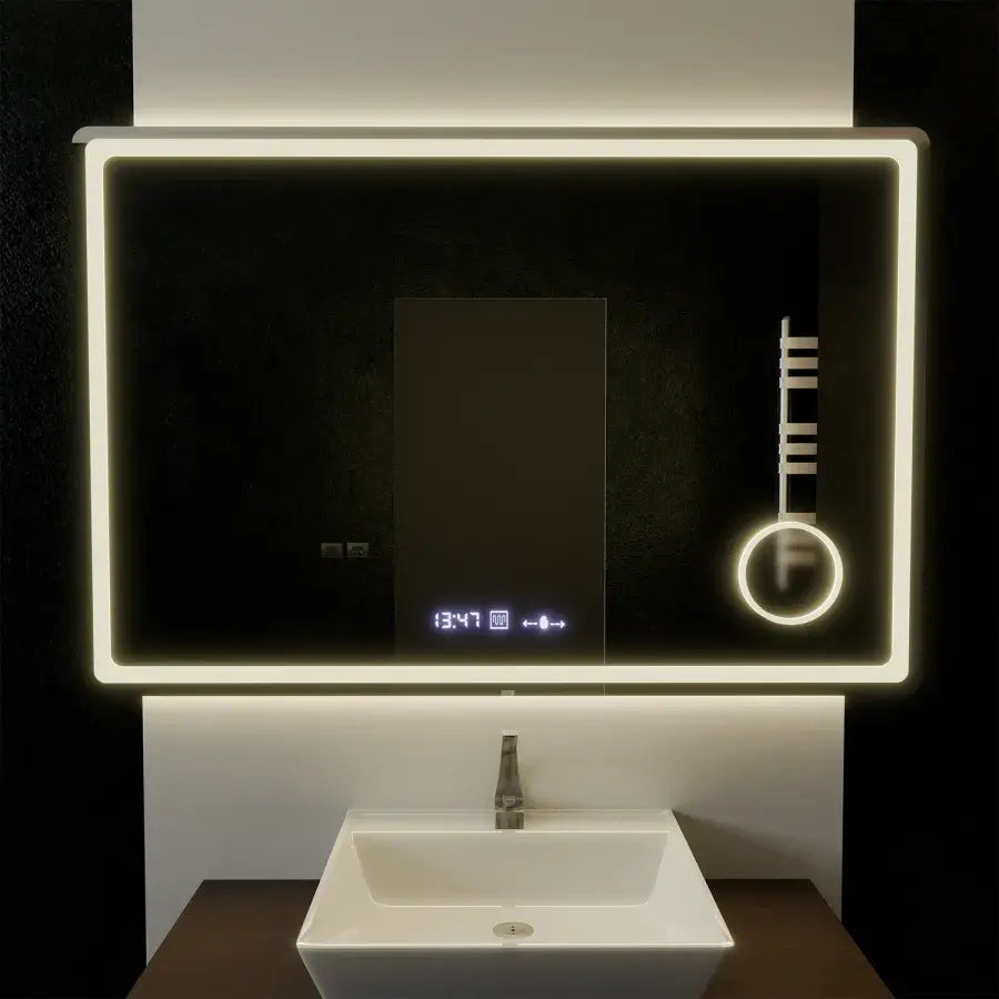 Specchio rettangolare a LED, 120x80 cm, Souverain MotionGlow Marcello, sistema antiappannamento, orologio e termometro, lente d'ingrandimento cosmetica, specchi Marcello dimmerabili Titolo predefinito Alessandro Design