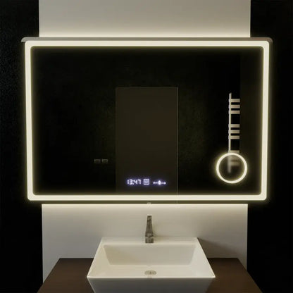 Specchio rettangolare a LED, 120x80 cm, Souverain MotionGlow Marcello, sistema antiappannamento, orologio e termometro, lente d'ingrandimento cosmetica, specchi Marcello dimmerabili Titolo predefinito Alessandro Design