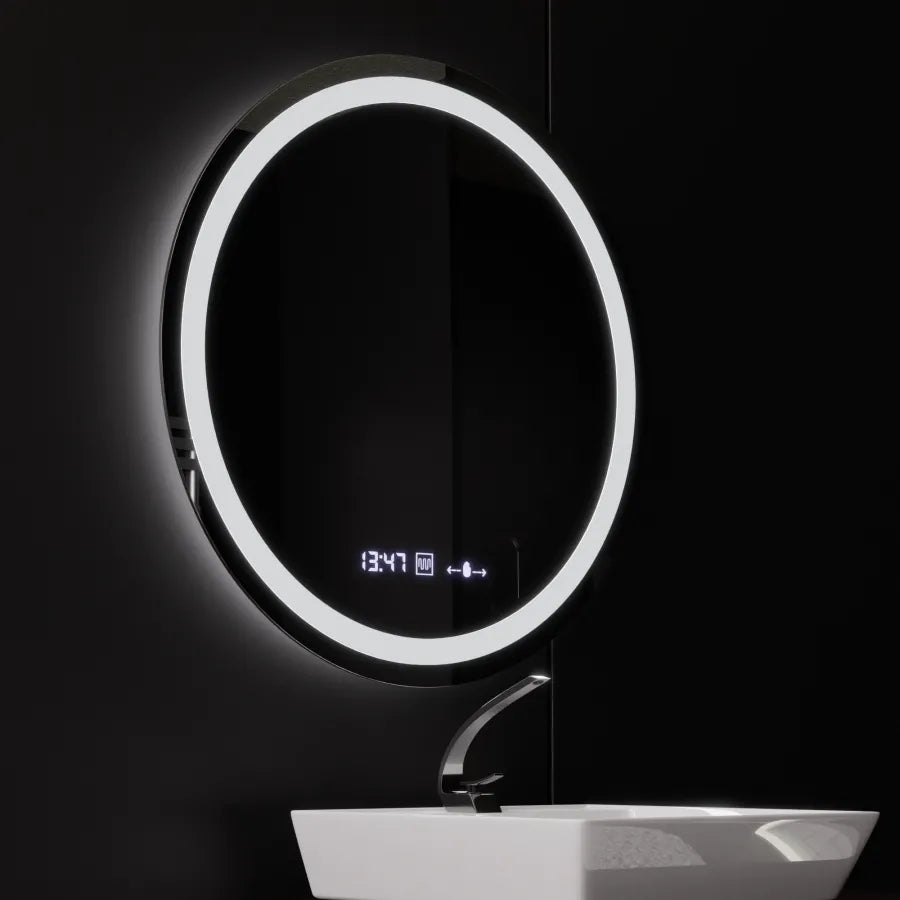 Specchio rotondo a LED, diametro 50 cm, Celeste MotionGlow Marcello, sistema antiappannamento, orologio e termometro, dimmerabile, luce calda neutra fredda 3000K/4000K/6000K Marcello Mirrors Titolo predefinito Alessandro Design