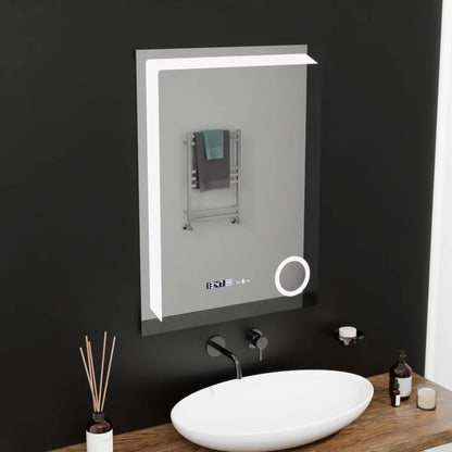 Specchio rettangolare a LED, 60x80 cm, Precision MotionGlow Marcello, sistema antiappannamento, orologio e termometro, lente d'ingrandimento cosmetica, specchi dimmerabili Marcello Titolo predefinito Alessandro Design
