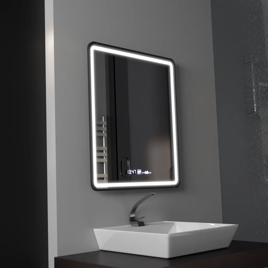 Specchio LED rettangolare, 75x90 cm, Favola MotionGlow Marcello, Sistema Demister, Orologio e Termometro, Dimmerabile