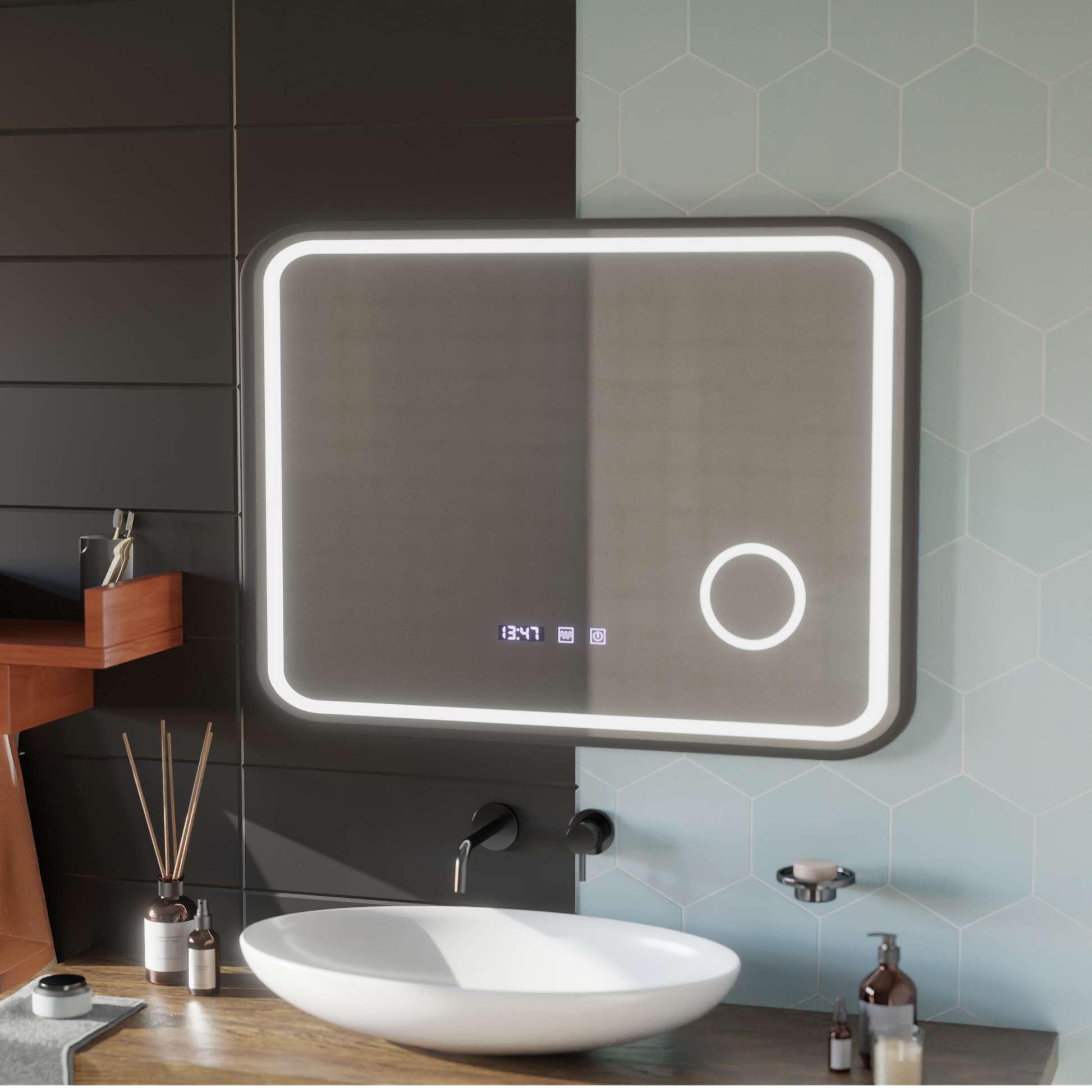 Specchio LED Touch Bernd Sistema antiappannamento, orologio e temperatura 80x60 cm Cornice nera Specchi ingranditori cosmetici spazzolati Korman S Titolo predefinito Alessandro Design