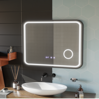 Specchio LED Touch Bernd Sistema antiappannamento, orologio e temperatura 80x60 cm Cornice nera Specchi ingranditori cosmetici spazzolati Korman S Titolo predefinito Alessandro Design