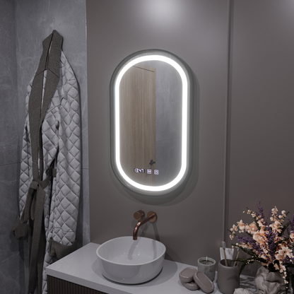 Helmut LED Touch Specchio Disappannante, Orologio e Temperatura 50x80 cm Cornice Nera Spazzolata Marcello Funghi