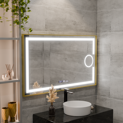 Specchio rettangolare a LED, 110x65 cm, Eclat MotionGlow Marcello, sistema antiappannamento, orologio e termometro, lente d'ingrandimento cosmetica, dimmerabile, cornice oro spazzolato