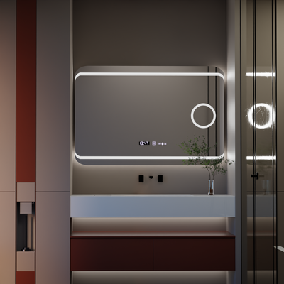 Specchio rettangolare a LED, 120x80 cm, Definizione MotionGlow Marcello, Sistema di disappannamento, Orologio e Termometro, Lente d'ingrandimento cosmetica, Dimmerabile
