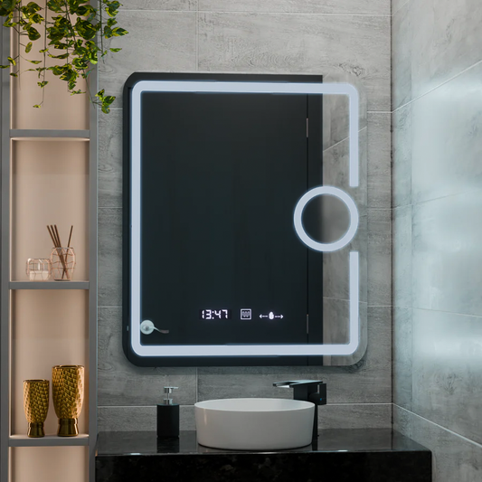Specchio rettangolare a LED, 60x80 cm, Eclat MotionGlow Marcello, Orologio e Termometro, Sistema Demister, Lente d'ingrandimento cosmetica, Specchi Dimabila Marcello Titolo predefinito Alessandro Design