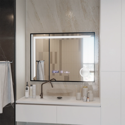 Specchio LED Sensore MotionGlow Francesca 80x60 cm Luce Calda/Fredda/Neutra Cornice Dimmerabile Nero Spazzolato Sistema Antiappannante Termometro Orologio Collezione Marcello Funghi