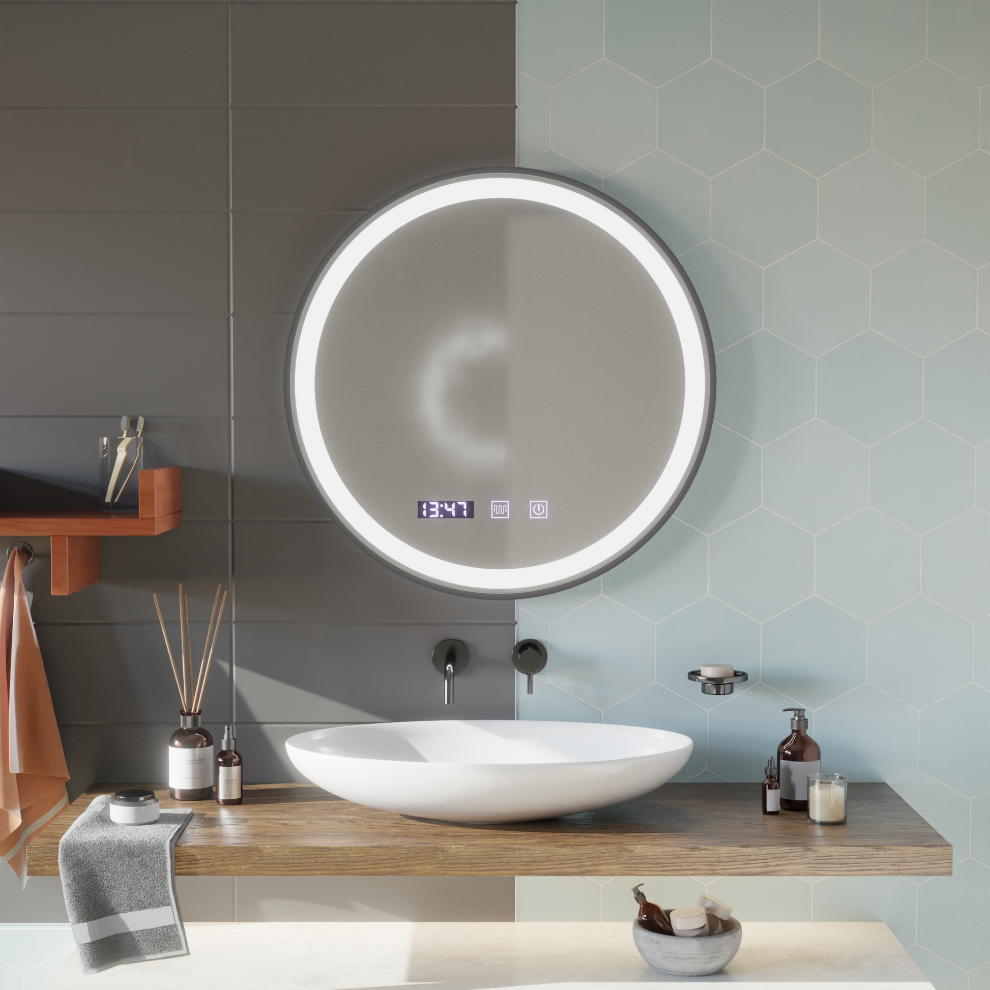 Specchio LED Touch NOVARA Sistema Demister, Orologio e Temperatura 90 cm Cornice Nera Specchi Spazzolati Korman S Titolo predefinito Alessandro Design