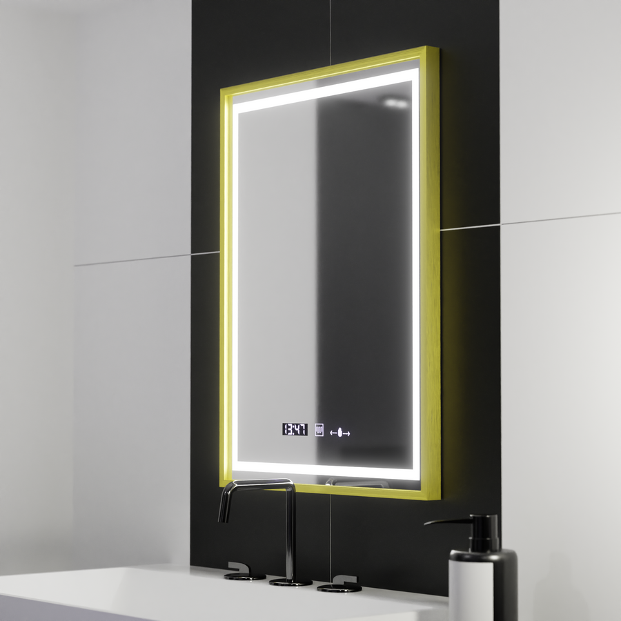 Specchio rettangolare a LED, 50x70 cm, Verite Royale Gold Motion Glow Marcello, sistema antiappannamento, orologio e termometro, specchi dimmerabili Marcello Titolo predefinito Alessandro Design