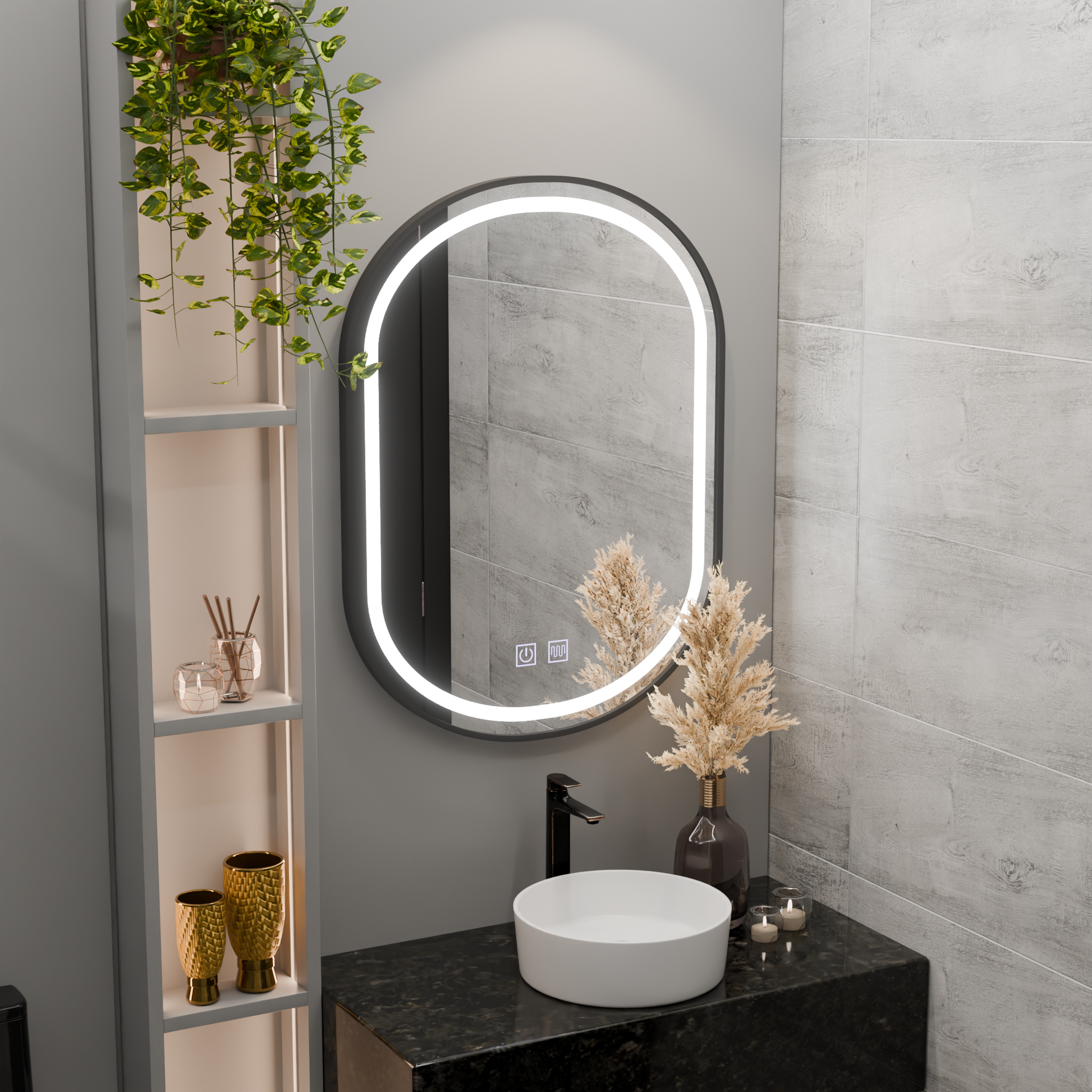 Specchio ovale a LED 50x80 cm VETRO Sistema antiappannamento dimmerabile touch, cornice nera Specchi Korman E Titolo predefinito Alessandro Design