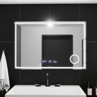 Specchio rettangolare a LED, 90x60 cm, Velour MotionGlow Marcello, sistema antiappannamento, orologio e termometro, lente d'ingrandimento cosmetica, dimmerabile